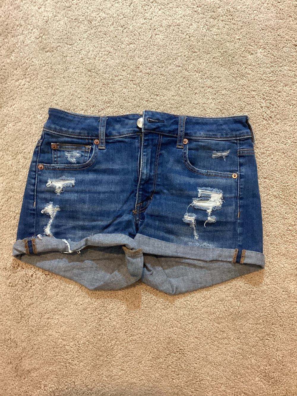 Distressed Dark Blue Denim Roll-Cuff Women’s Shorts